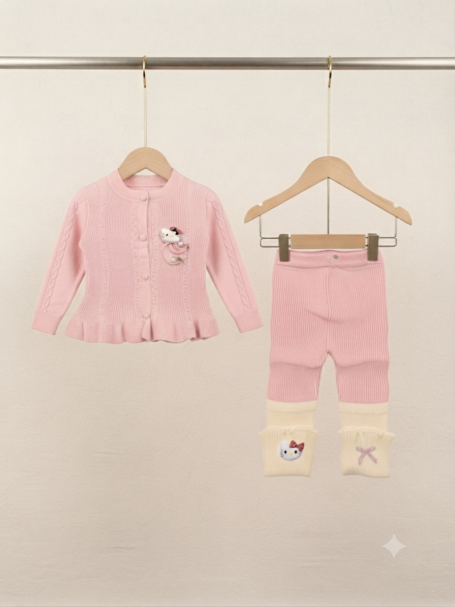 Chic Knitted Cardigan And Full Length Trouser Set With Cute Cartoon Accents
