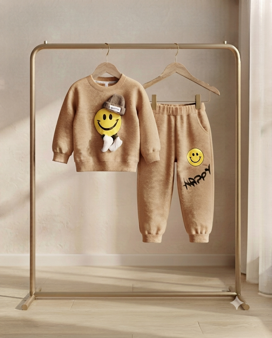 Kids Casual Stylish Smiley Face Sweatshirt And Full Length Trouser Set For Boys