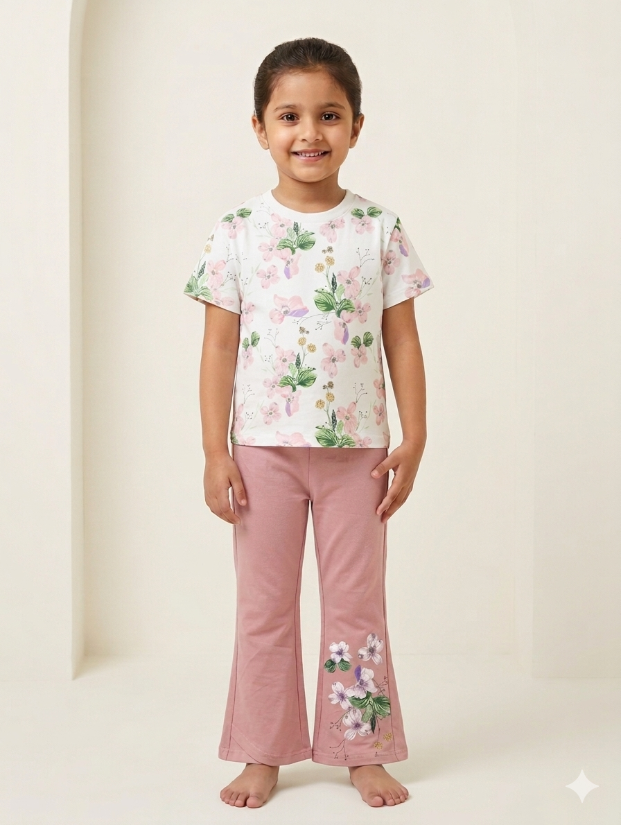 Girls Floral Print T-Shirt and Flare Pants Two-Piece Cotton Summer Casual Loungewear Set