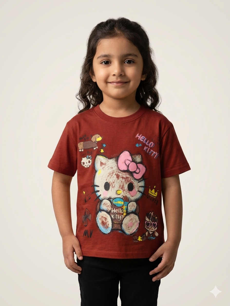 Girls Artistic Kitty Graphic Tee - Cute Crayon Style Sketch Character Short Sleeve Cotton Fashion Shirt