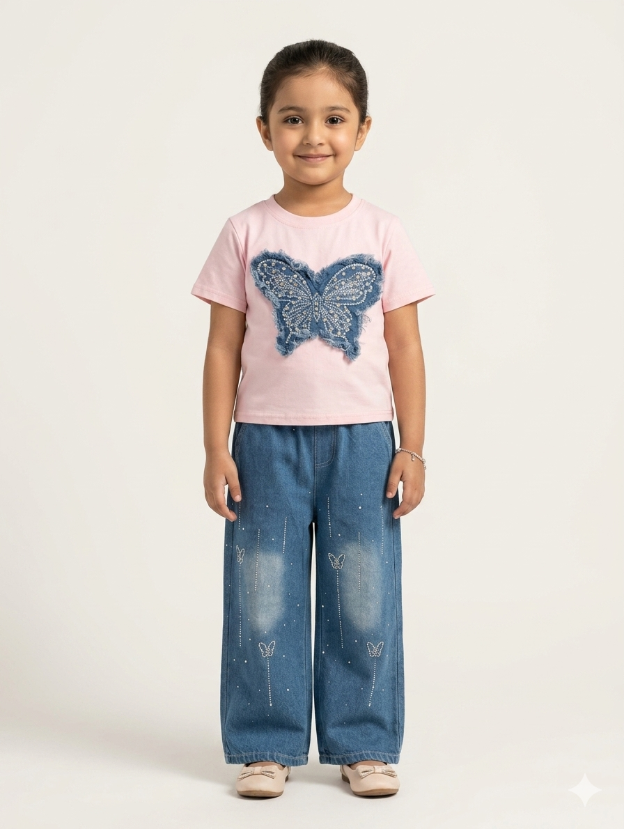 Denim Butterfly Elements Girls' Two-Piece Top and Wide-Leg Jeans Set