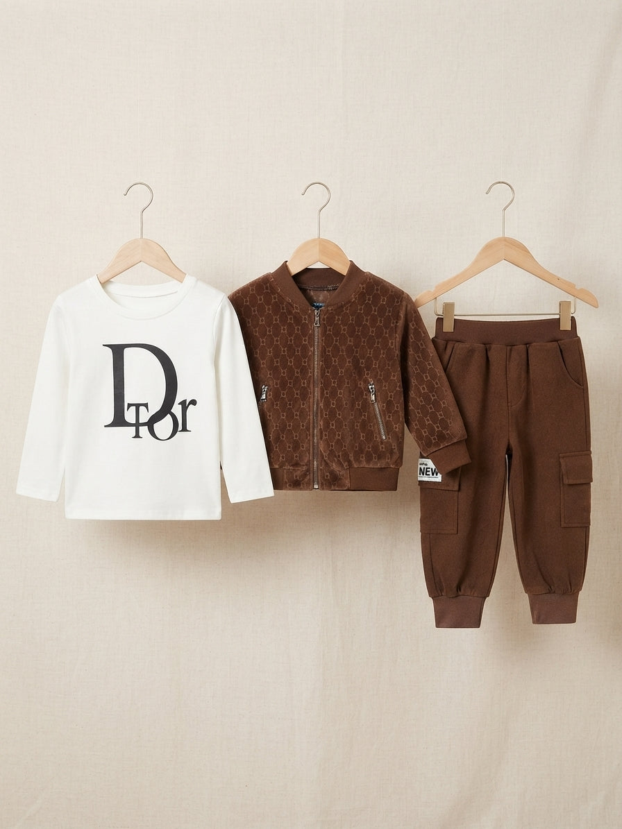 Stylish winter kids tracksuit set featuring a printed shirt warm jacket and cargo trousers