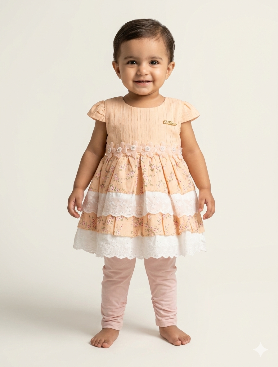 Charming Toddler Girl Floral Tiered Party Dress With Matching Leggings in White and Peach