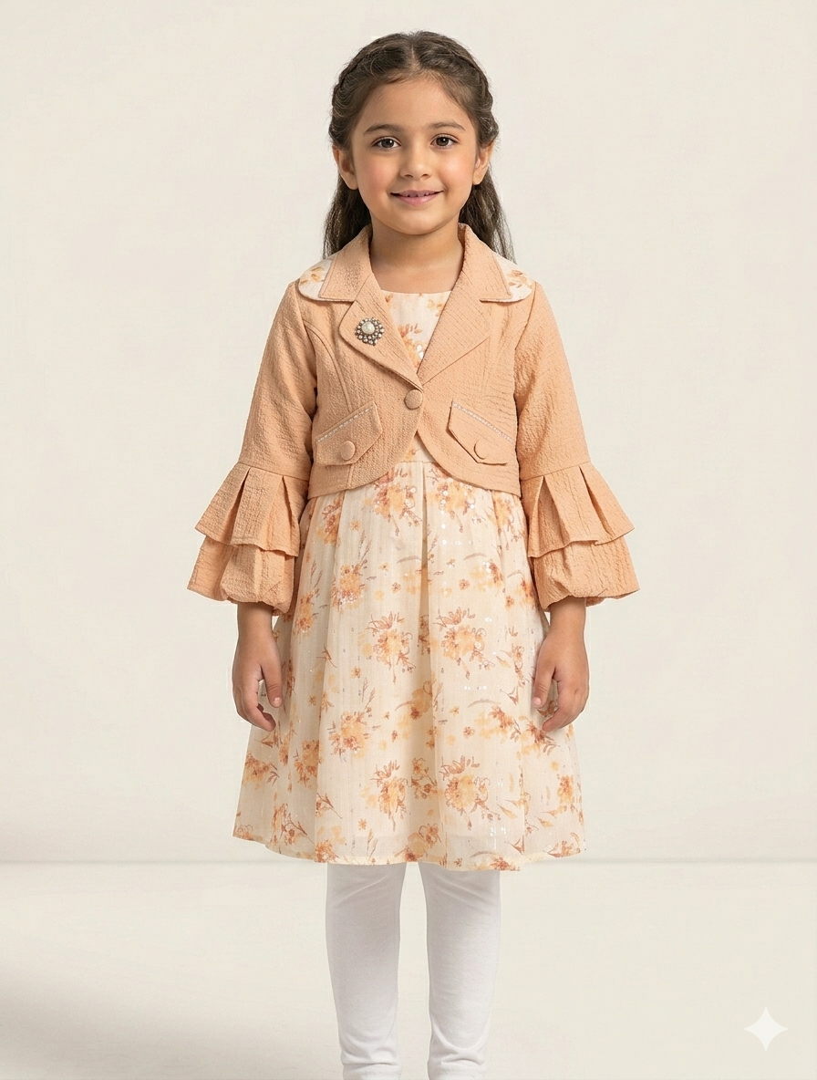 Elegant Little Girls Floral Dress with Tiered Bell Sleeve Cropped Jacket and Matching Leggings