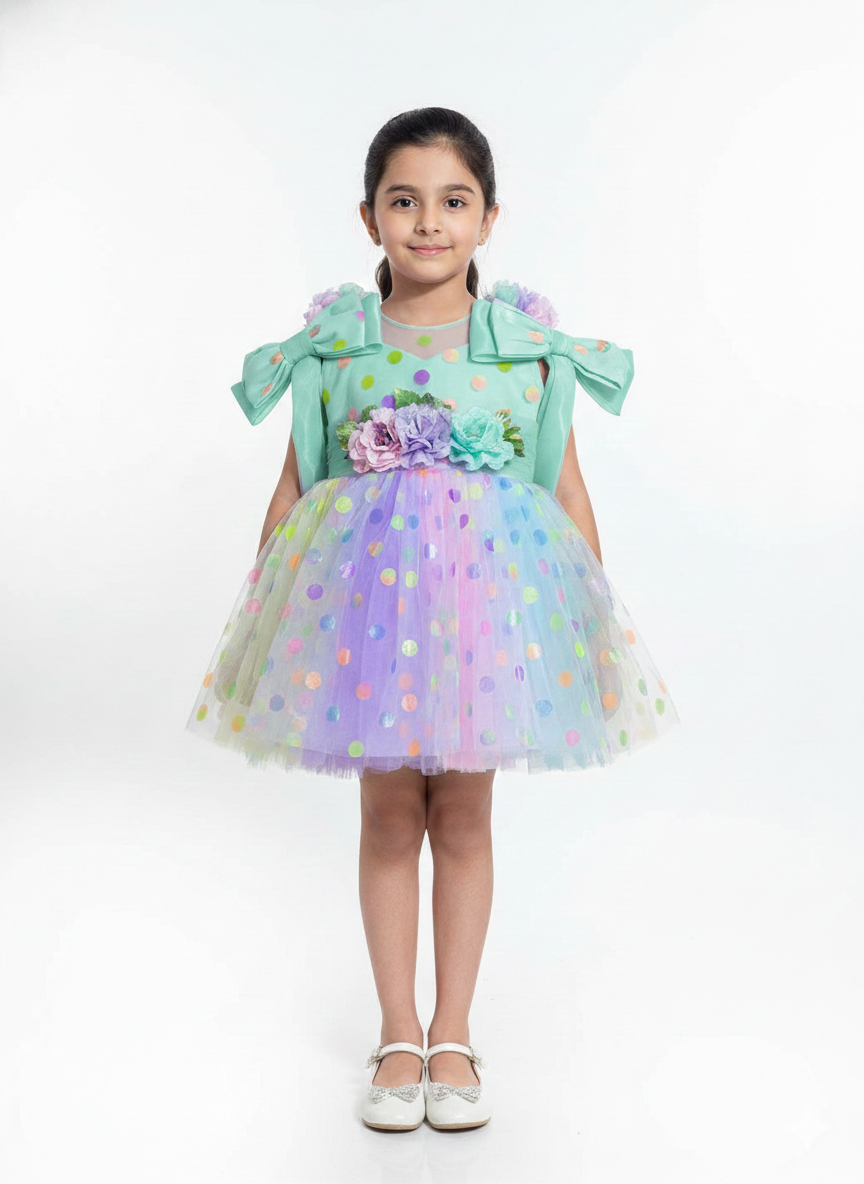 Whimsical Girls' Polka Dot Tulle Party Dress with Floral Waist Accent and Oversized Shoulder Bows