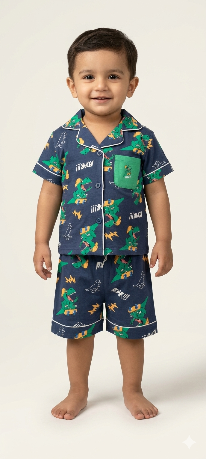Toddler Boys Navy Skateboard Dinosaur Print Short Sleeve Button-Down Pajama Set with Green Pocket