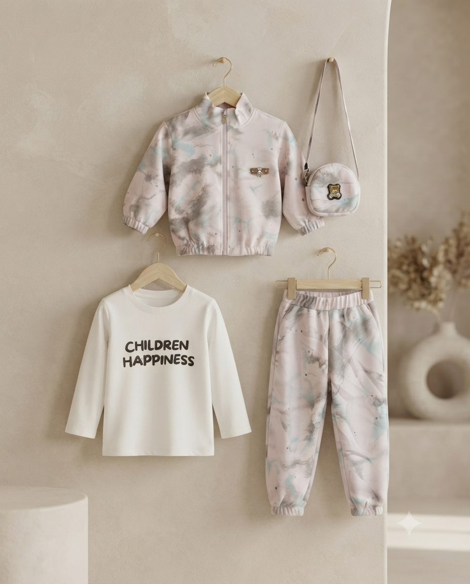Stylish Kids 4-Piece Set: Zip-Up Jacket, Graphic Long-Sleeve Top, Matching Trousers, And Small Bag