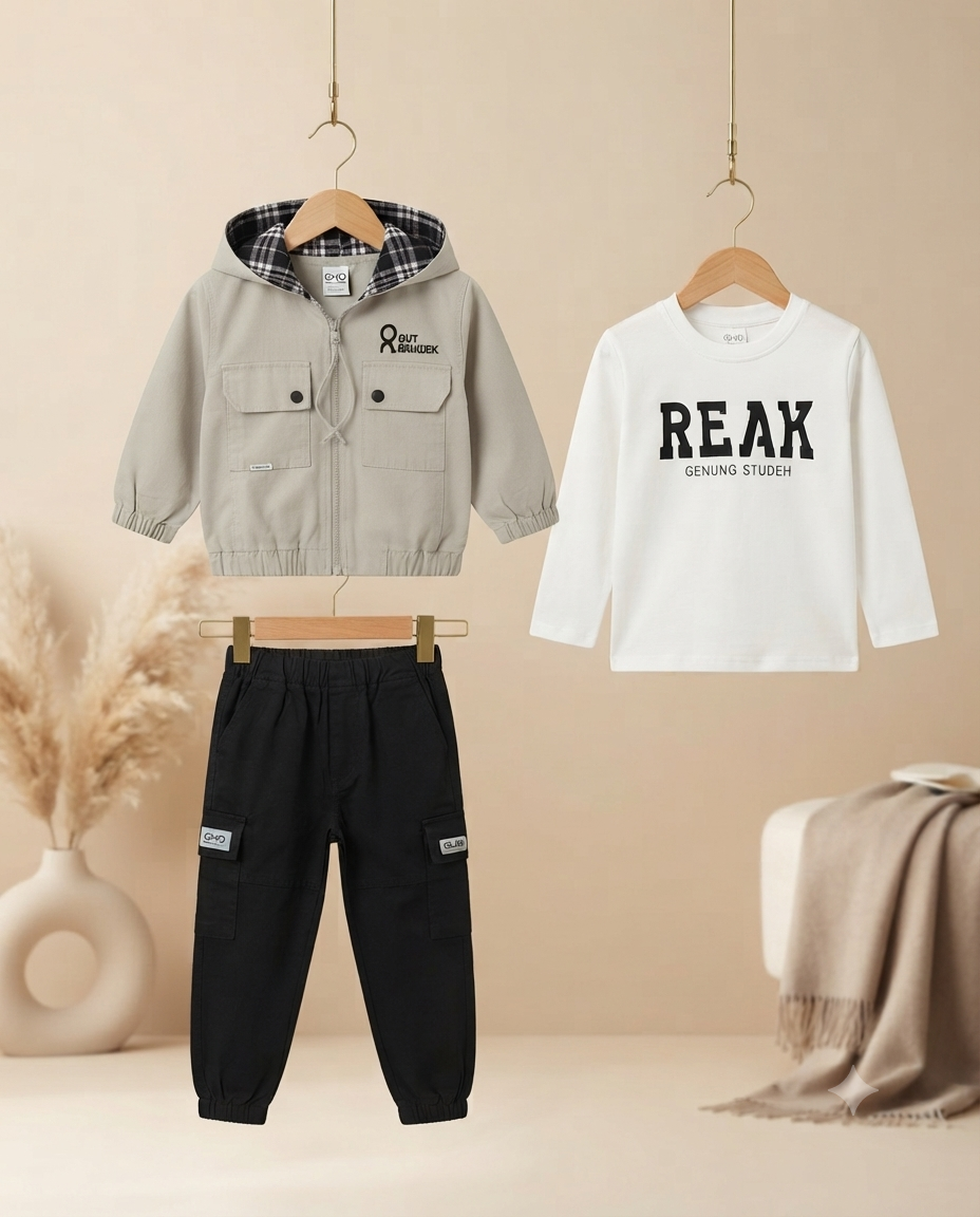 Trendy Boys Hooded Jacket T-shirt and Cargo Pant Set for Comfortable Daily Wear