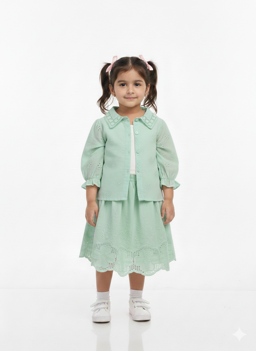 Girls' Elegant Eyelet Lace Skirt & Shirt Set with Scalloped Embroidery and Puff Sleeves