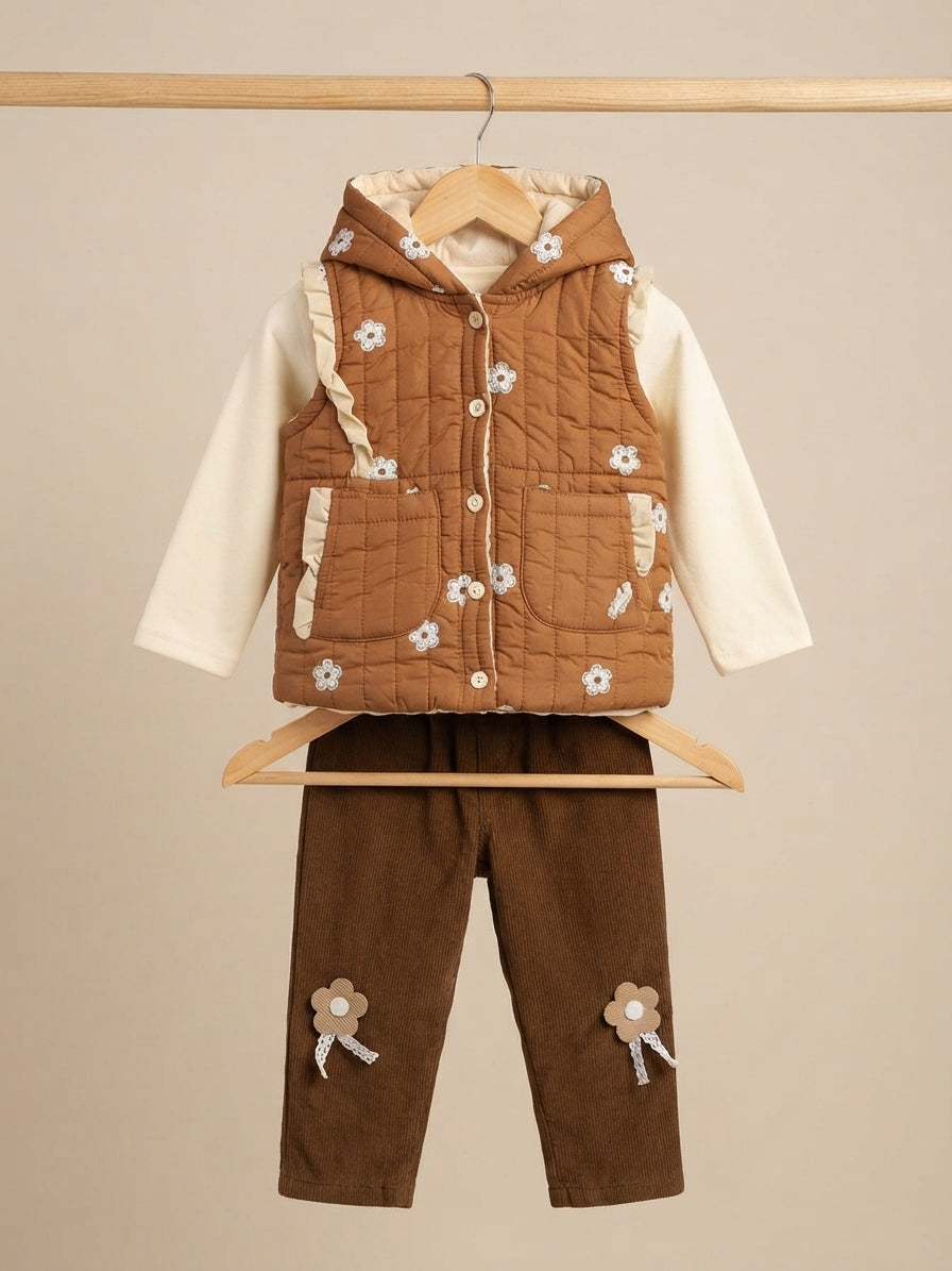 Cute Kids Floral Print Winter Outfit Set with Hooded Jacket and Matching Pants