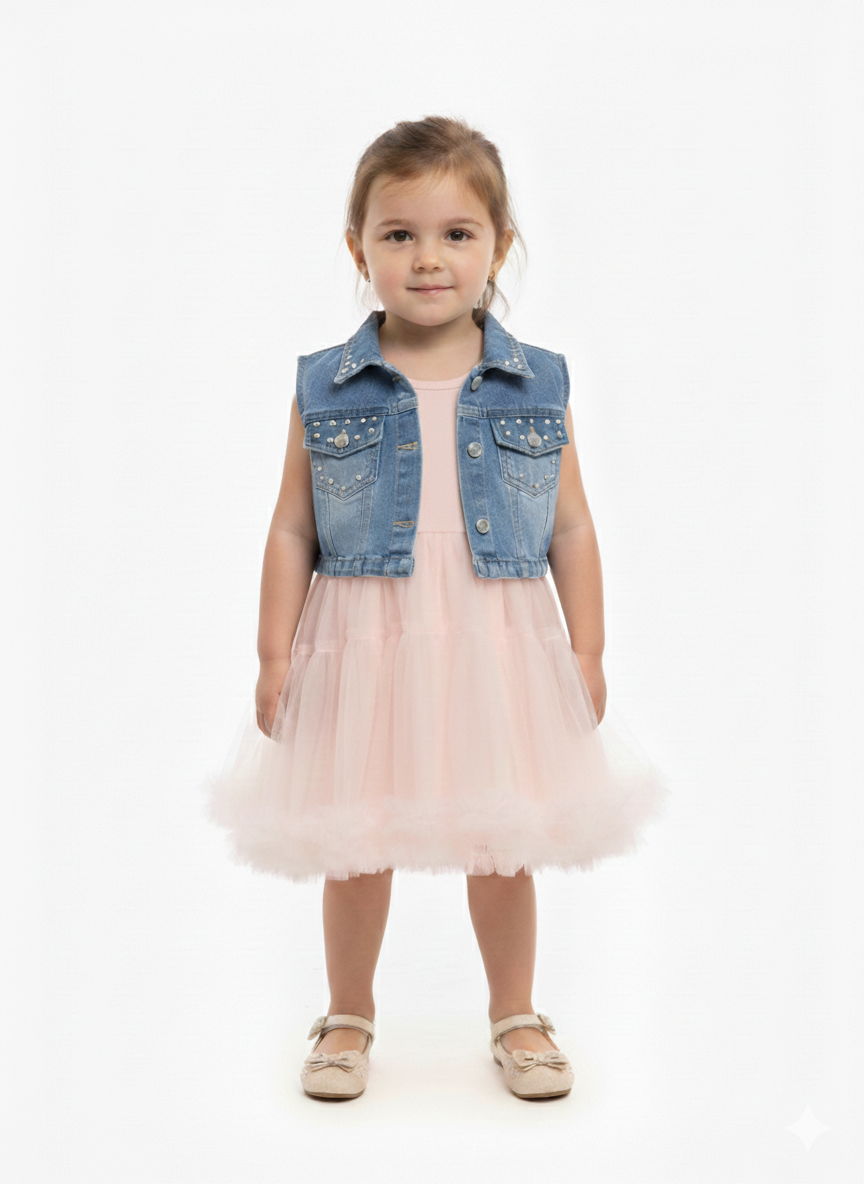 Toddler Girls Cream Tulle Tutu Dress with Embellished Denim Vest and Feather Trim Hem
