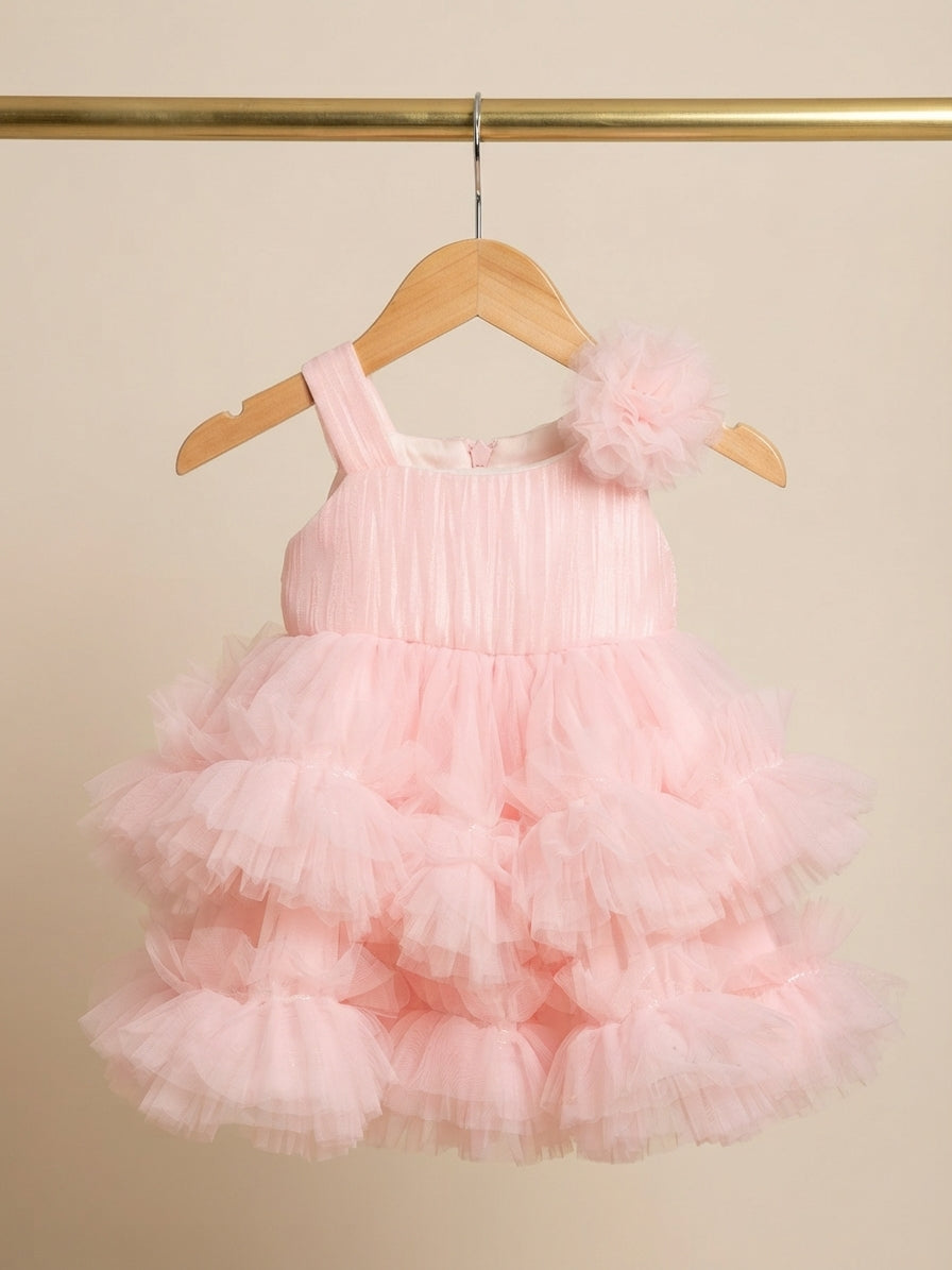 Beautiful White Sequin Net Ruffled Party Dress With Elegant Shoulder Flower For Baby Girls