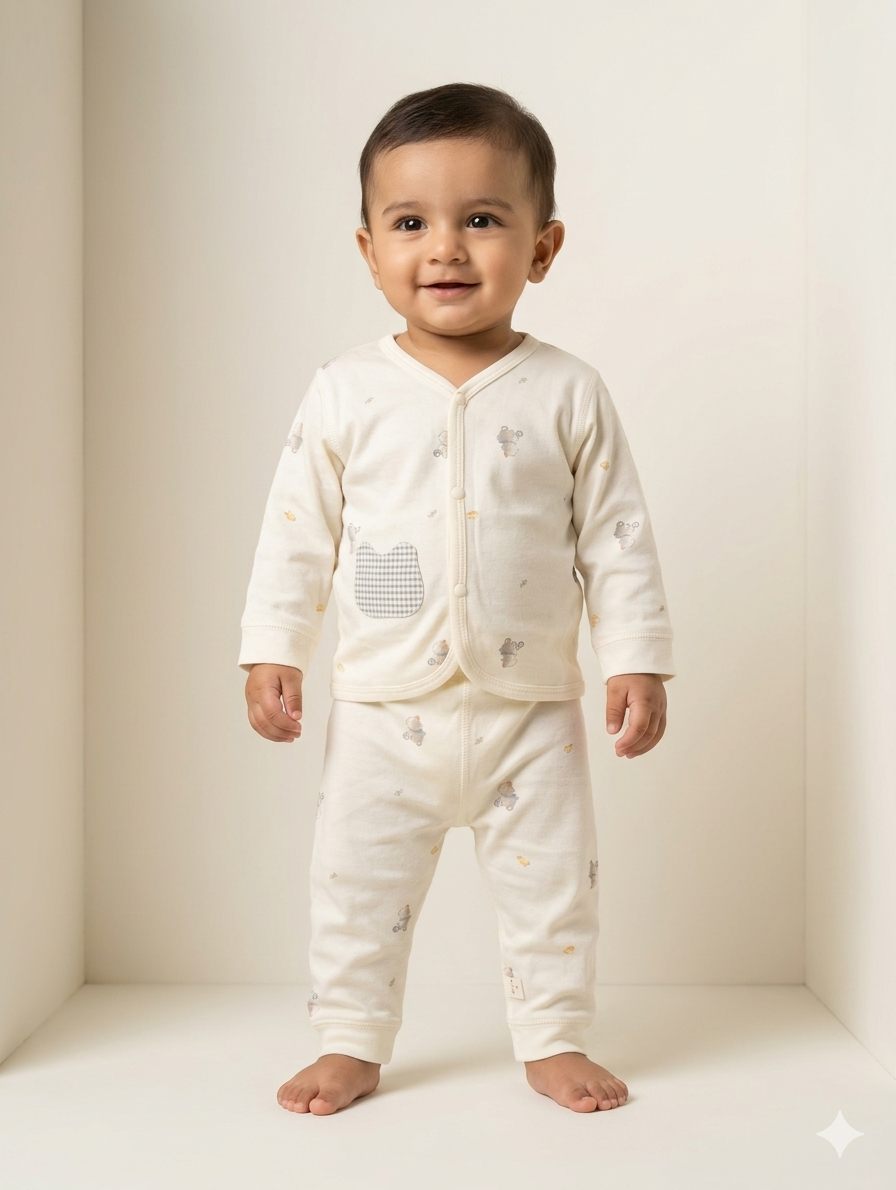 Soft Cream Bear Print Two-Piece Long Sleeve Cotton Baby Pajamas and Loungewear Set