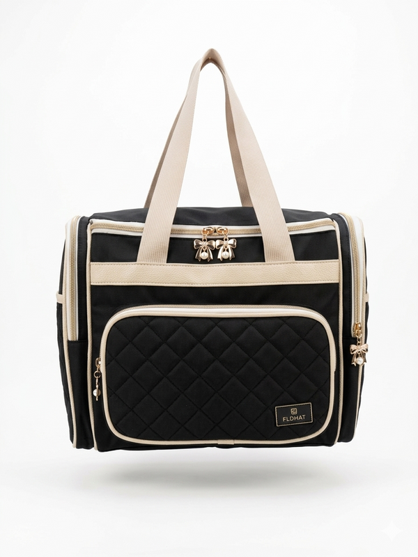 Luxury FLDHAT Quilted Weekender Bag – Chic Contrast Travel Duffel with Elegant Bow Charm Accents