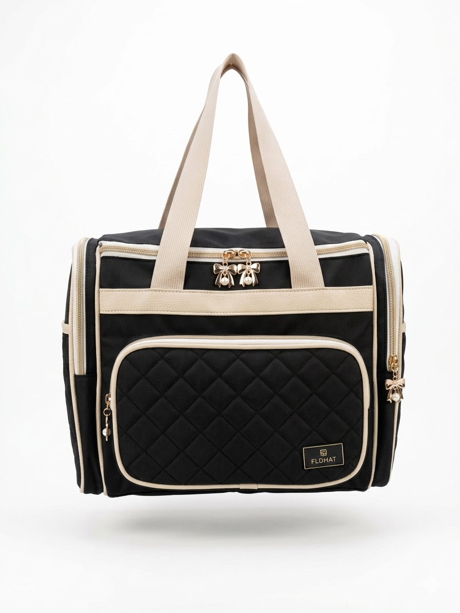 Luxury FLDHAT Quilted Weekender Bag – Chic Contrast Travel Duffel with Elegant Bow Charm Accents