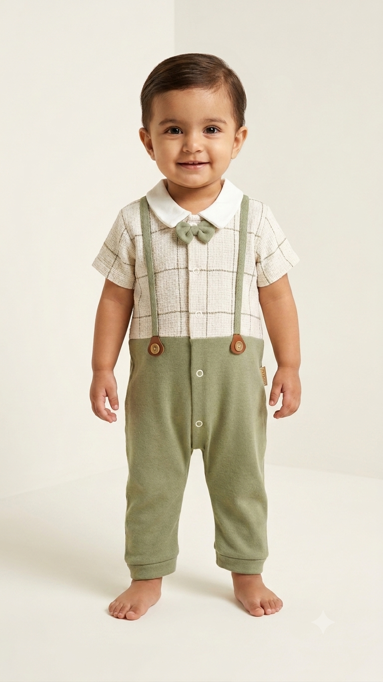 Baby Boy Beige Plaid Romper Suit With Cute Faux Suspenders And Bow Tie