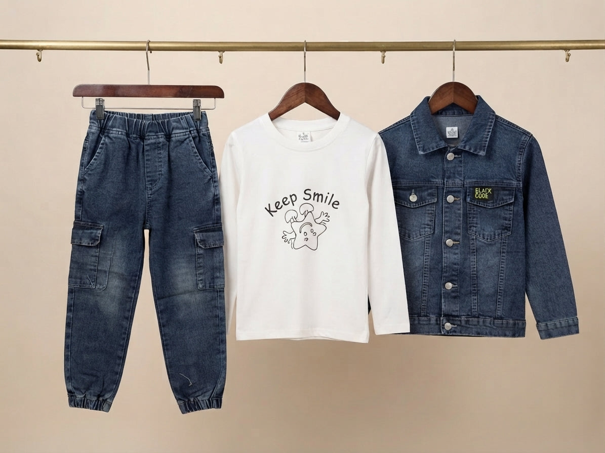 Stylish Three Piece Denim Shirt White T Shirt And Joggers Outfit For Boys
