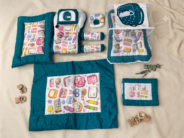 Complete Teal School Stationery Print Baby Bedding Set For Comfortable Sleep And Nursery Decor