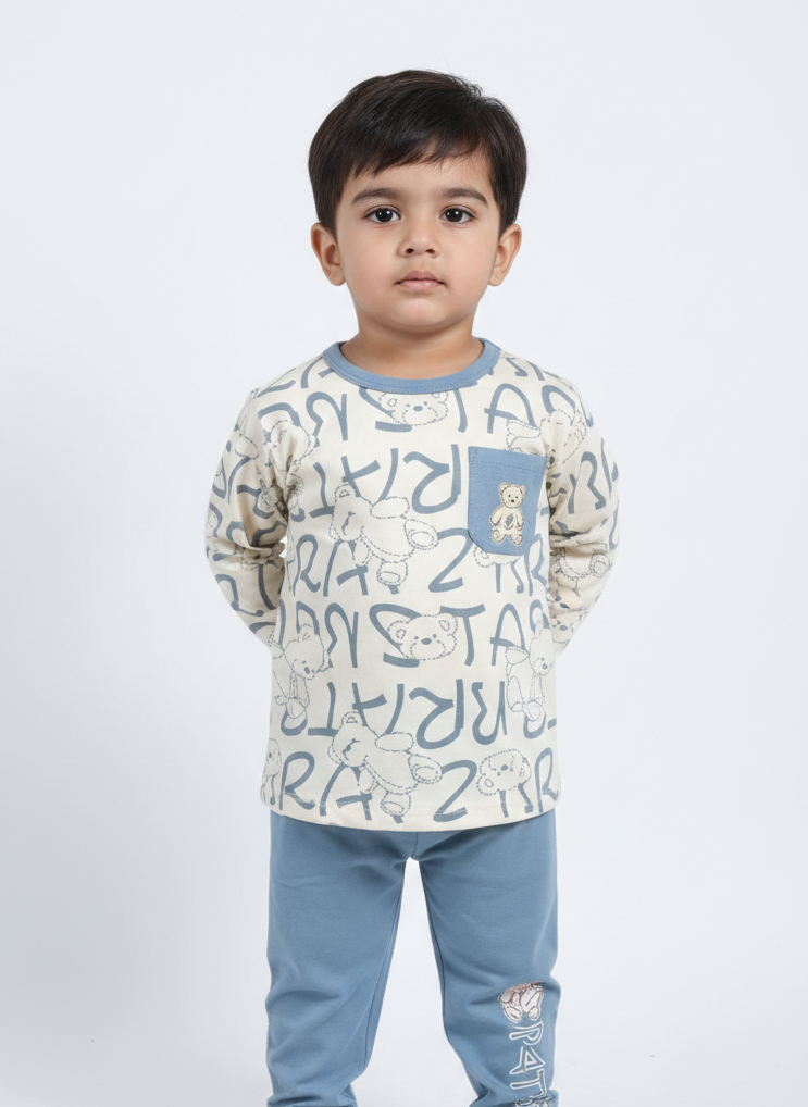 China Imported Kids Night Suit – Teddy Bear & Alphabet Print | Soft Cotton Nightwear