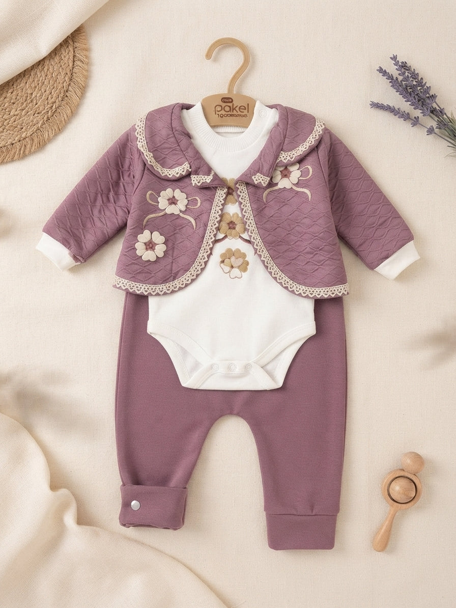 Imported Turkish Baby Girl Quilted Jacket Bodysuit And Trousers 3 Piece Outfit Set