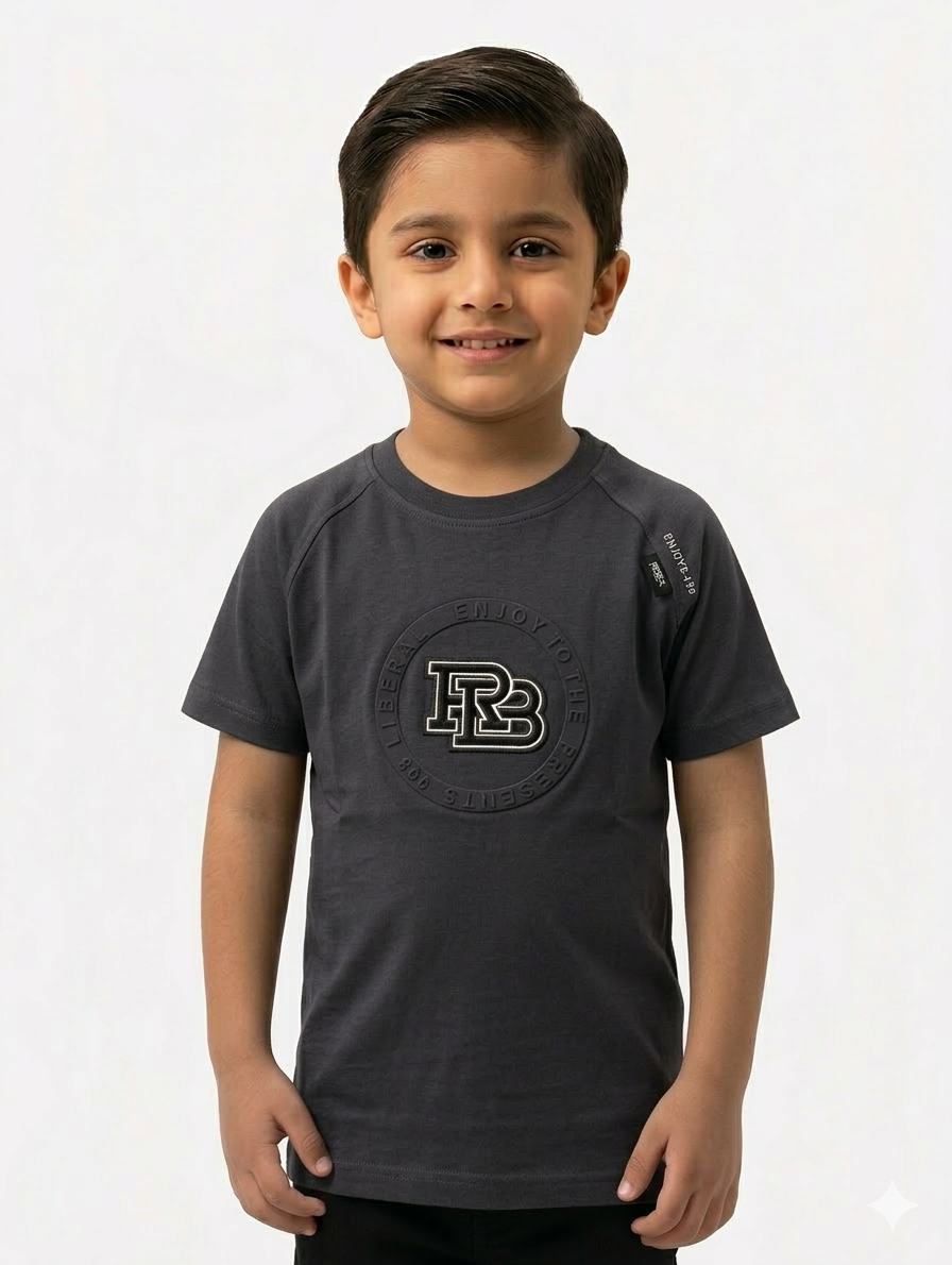 Premium Boys' Circular Embossed Graphic Cotton Tee – Stylish Short Sleeve Crew Neck Casual Top
