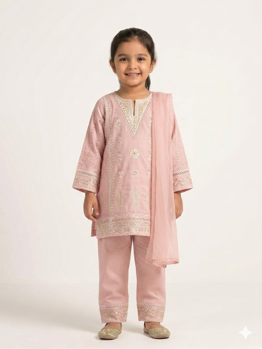 Elegant Kids' Three-Piece Embroidered Festive Shalwar Kameez Set with Matching Net Dupatta