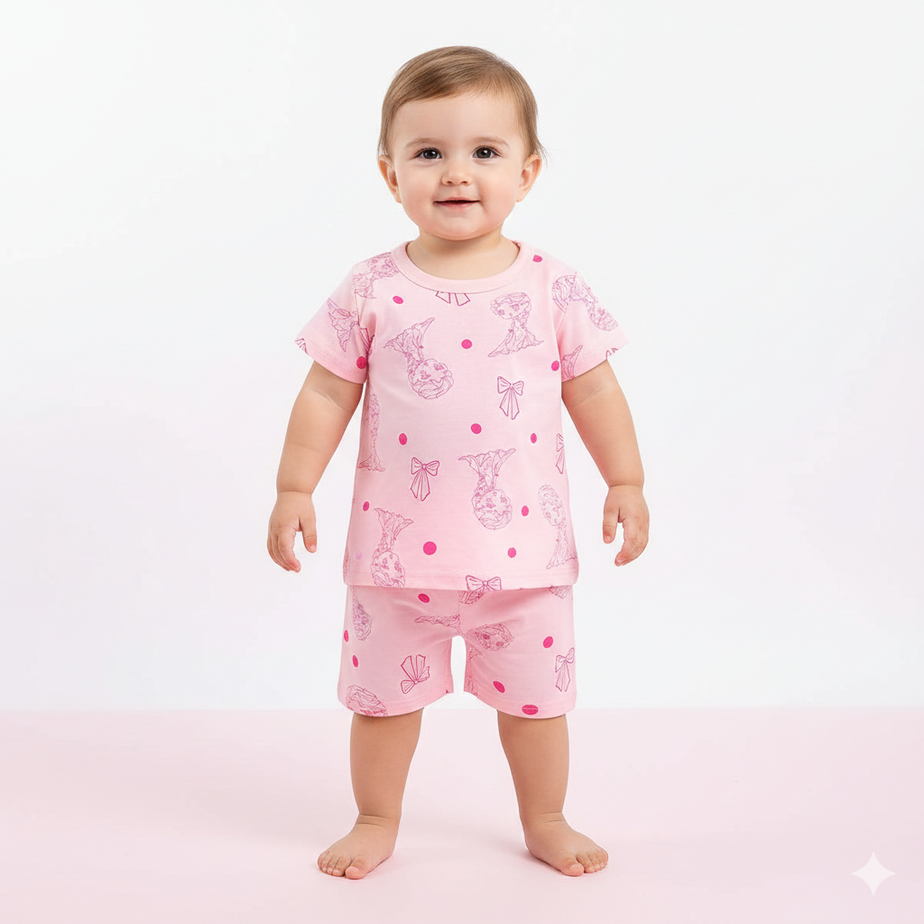 Lovely Pink Mermaid Bows Print Toddler Girls Summer Cotton T-Shirt and Shorts Pajama Set ✨