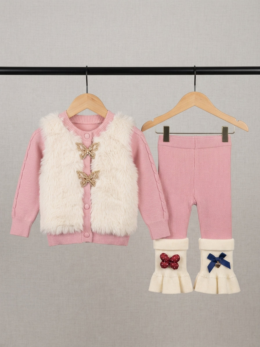 Girls Faux Fur Cardigan And Ruffled Legging 2-Piece Winter Outfit Set