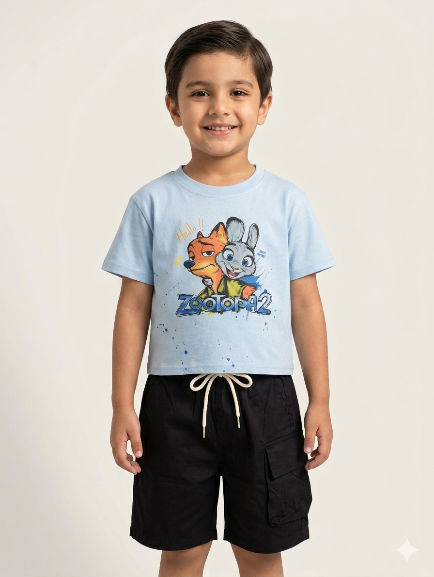 Disney Zootopia 2 Character Print Kids T-Shirt and Cargo Shorts Two-Piece Summer Set