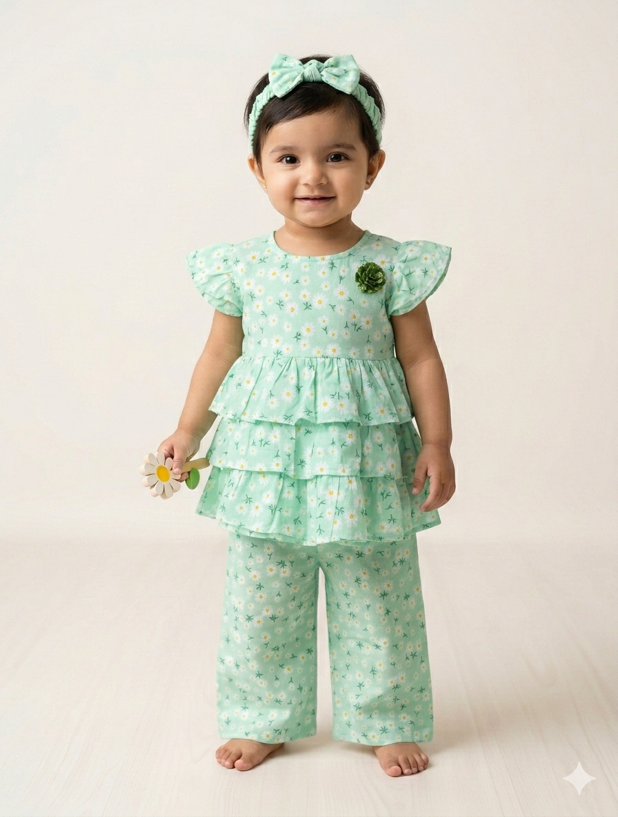 Adorable Three Piece Floral Daisy Tiered Ruffle Tunic and Pants Set with Matching Headband