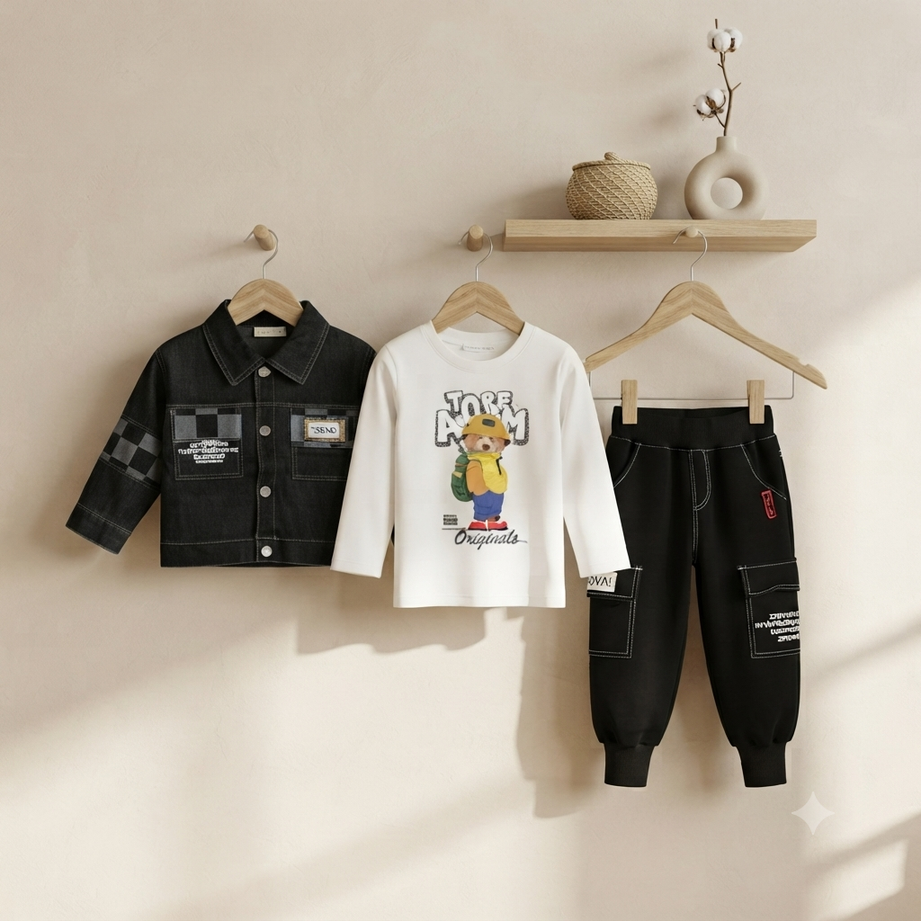 Stylish Black Denim Jacket And Cute Bear Graphic T-Shirt With Cargo Trouser Set