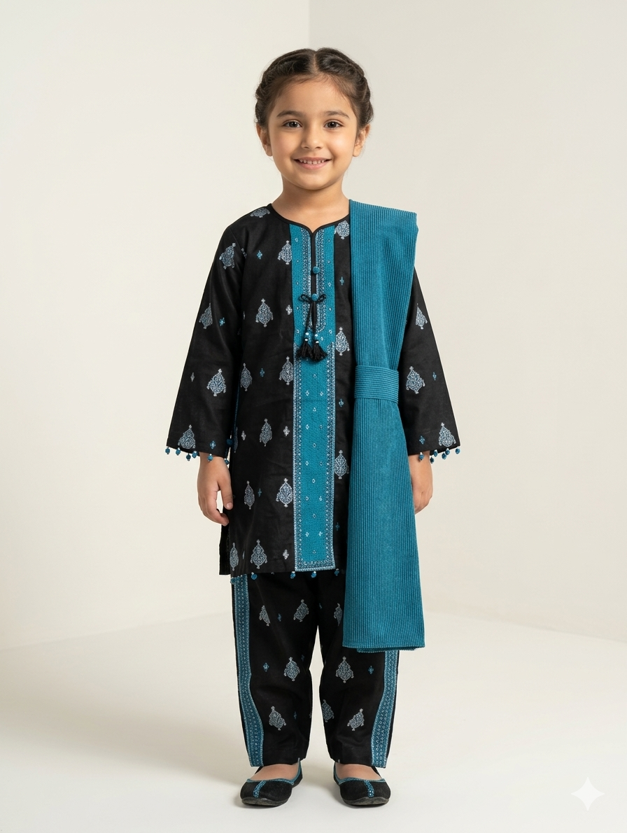 Girls' Elegant Black Embroidered Lawn 3-Piece Suit with Contrasting Dupatta and Matching Straight Trousers