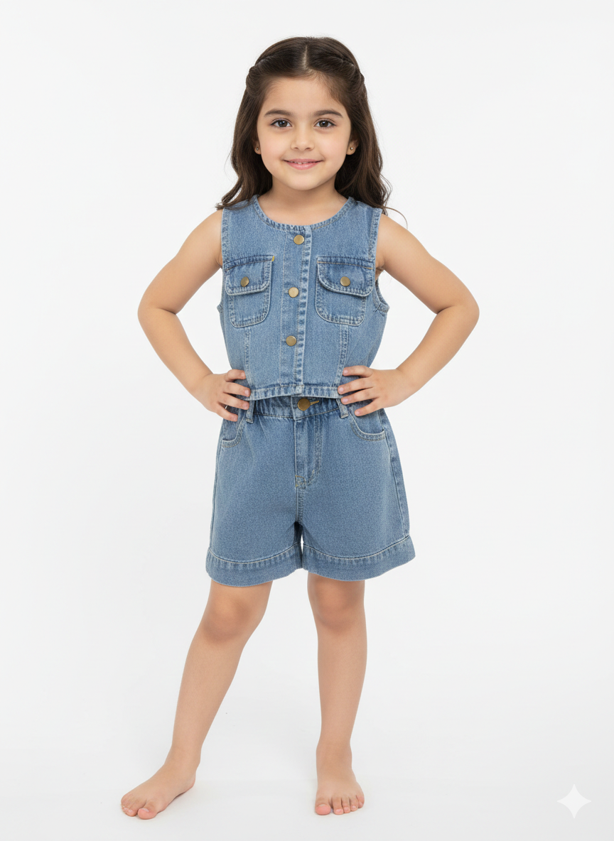 Chic Little Girls' Two-Piece Denim Vest and Matching High-Waist Shorts Summer Fashion Set