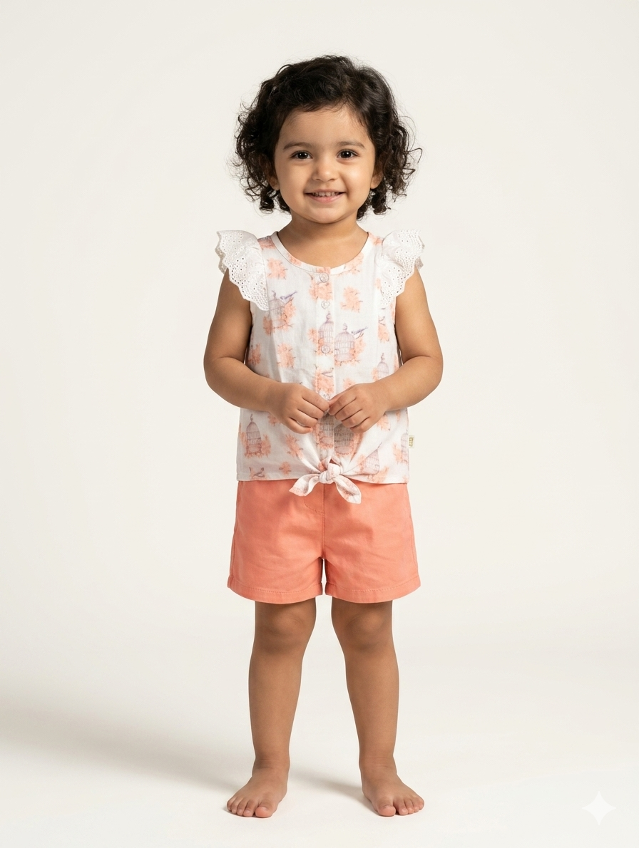 Toddler Girls Floral Print Tie-Front Top and Cotton Shorts Summer Two-Piece Clothing Set