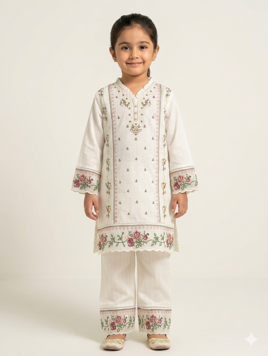 Elegant Girls' Hand-Embroidered Floral Cotton Kurta Set in Three Versatile and Stylish Color Options