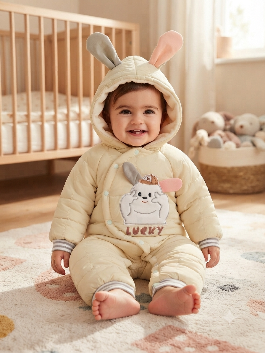 Cute Bunny Hooded Winter Romper Thick Warm Baby Jumpsuit Soft Fleece Infant Clothing