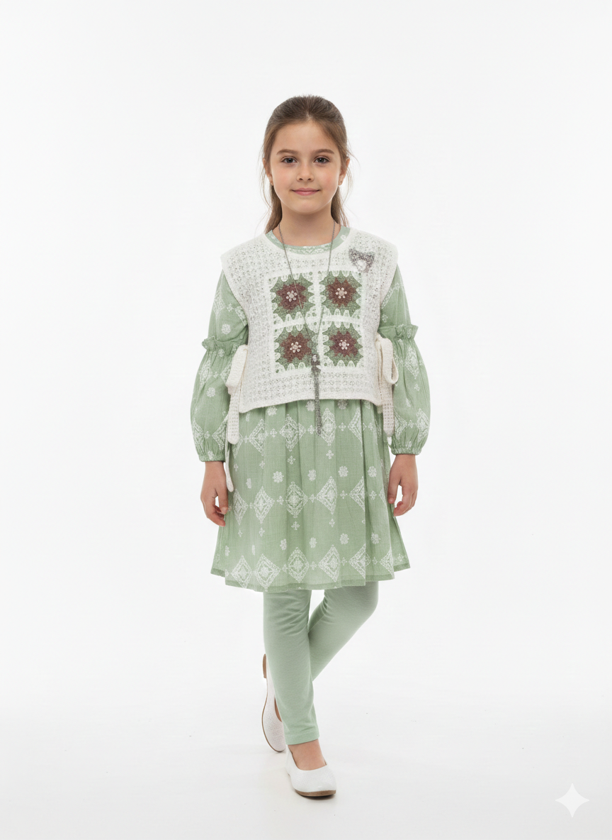 Girls' Vintage-Inspired Boho Frock Set with Crochet Vest and Matching Leggings Three-Piece Outfit