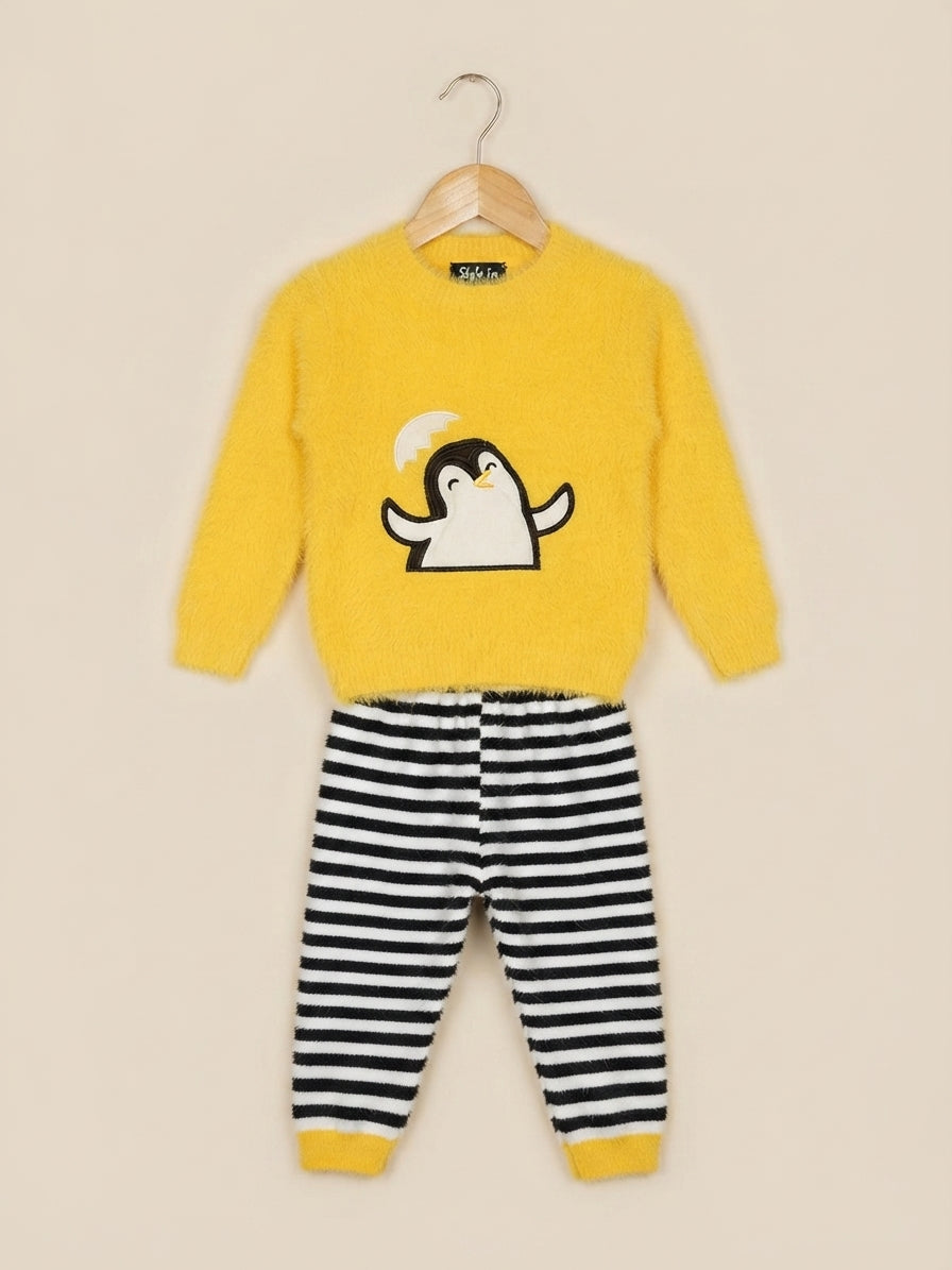 Fluffy Kids Penguin Graphic Winter Sweater And Striped Trouser Outfit Set