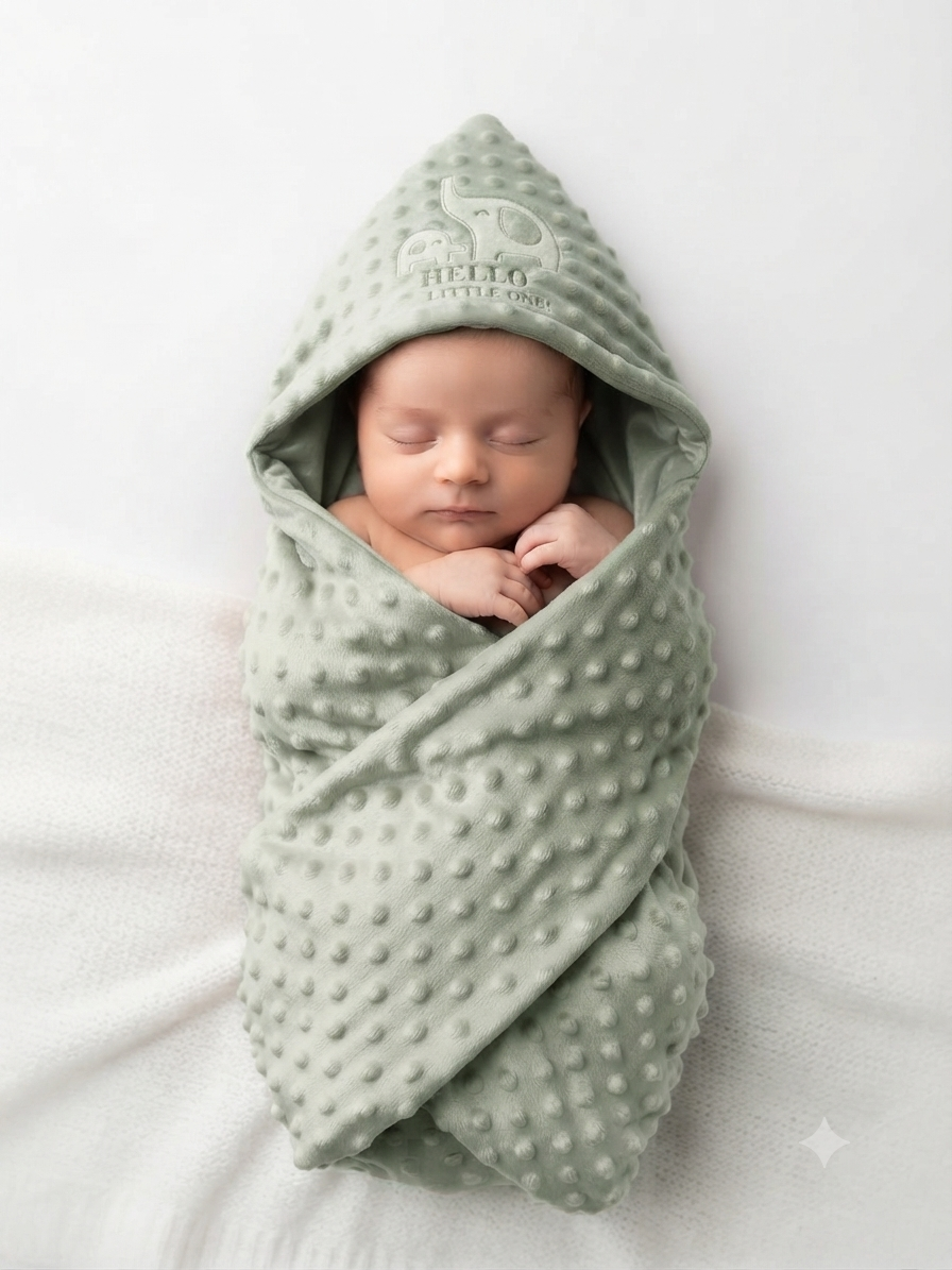 Soft Plush Newborn Swaddle Blanket With Elephant Hood Hello Little One Embroidery Detail