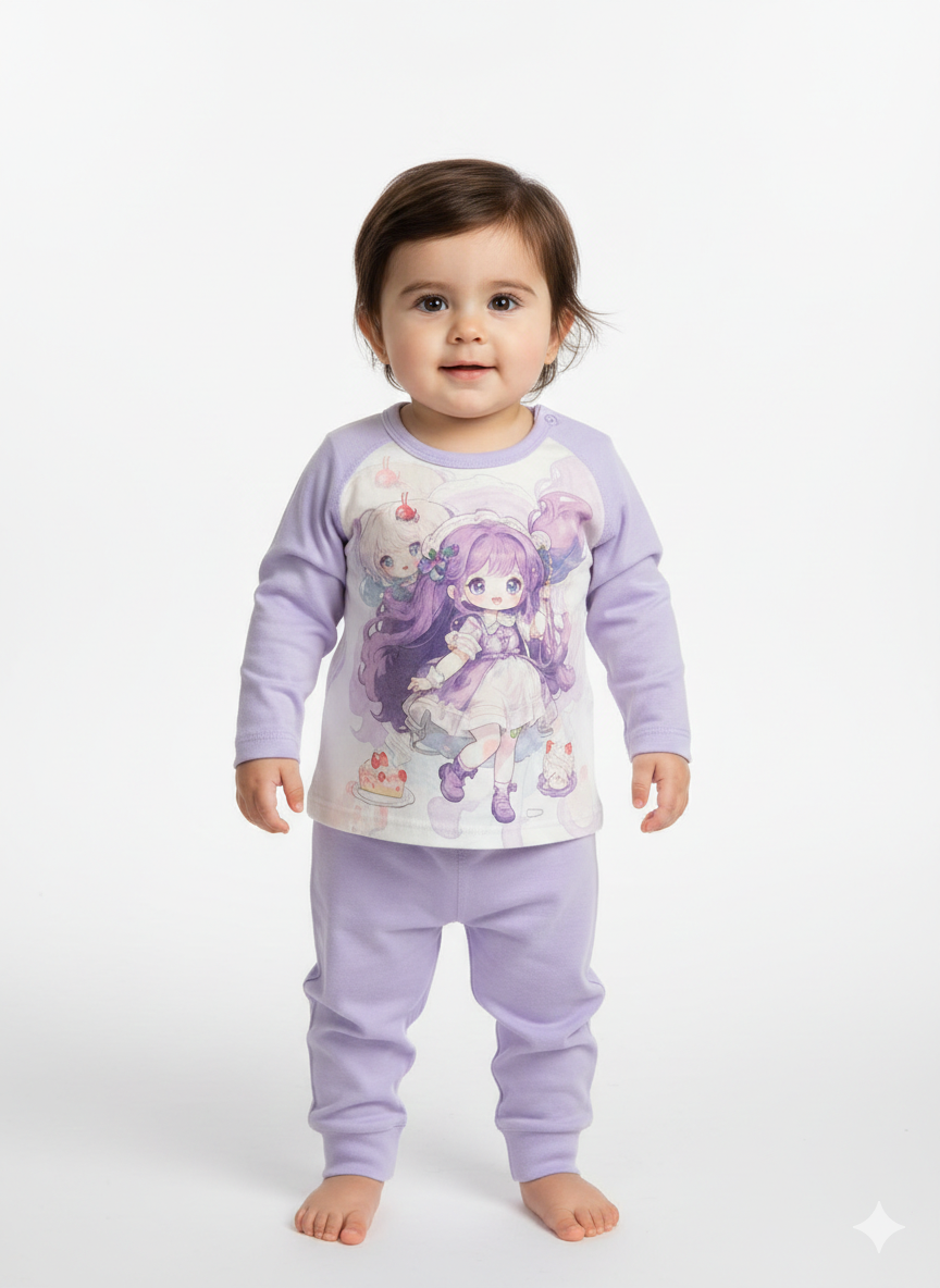 Adorable Lavender Long Sleeve Anime Character Baby Pajama Set With Soft Cotton Comfortable Matching Pants