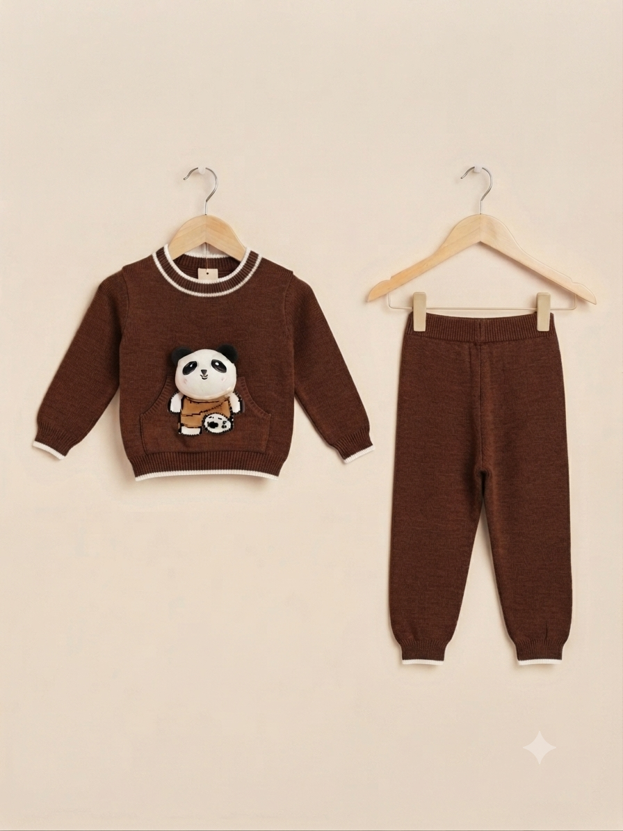 Kids Brown Knit Sweater And Full Length Trousers Set With Cute Panda Pocket Design