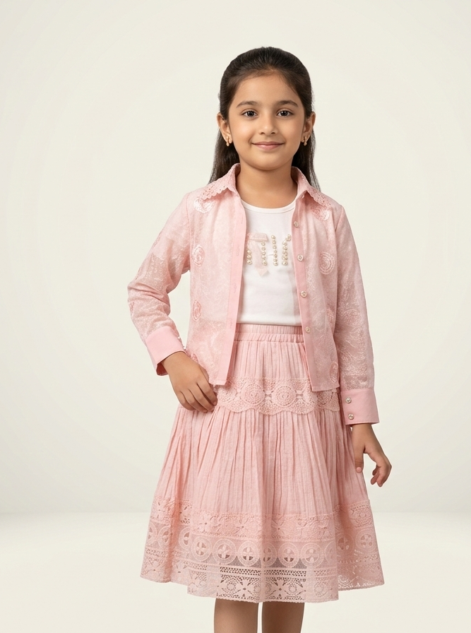 Elegant Little Girls Three-Piece Skirt Set with Sheer Embroidered Jacket and Pearl Accent Top