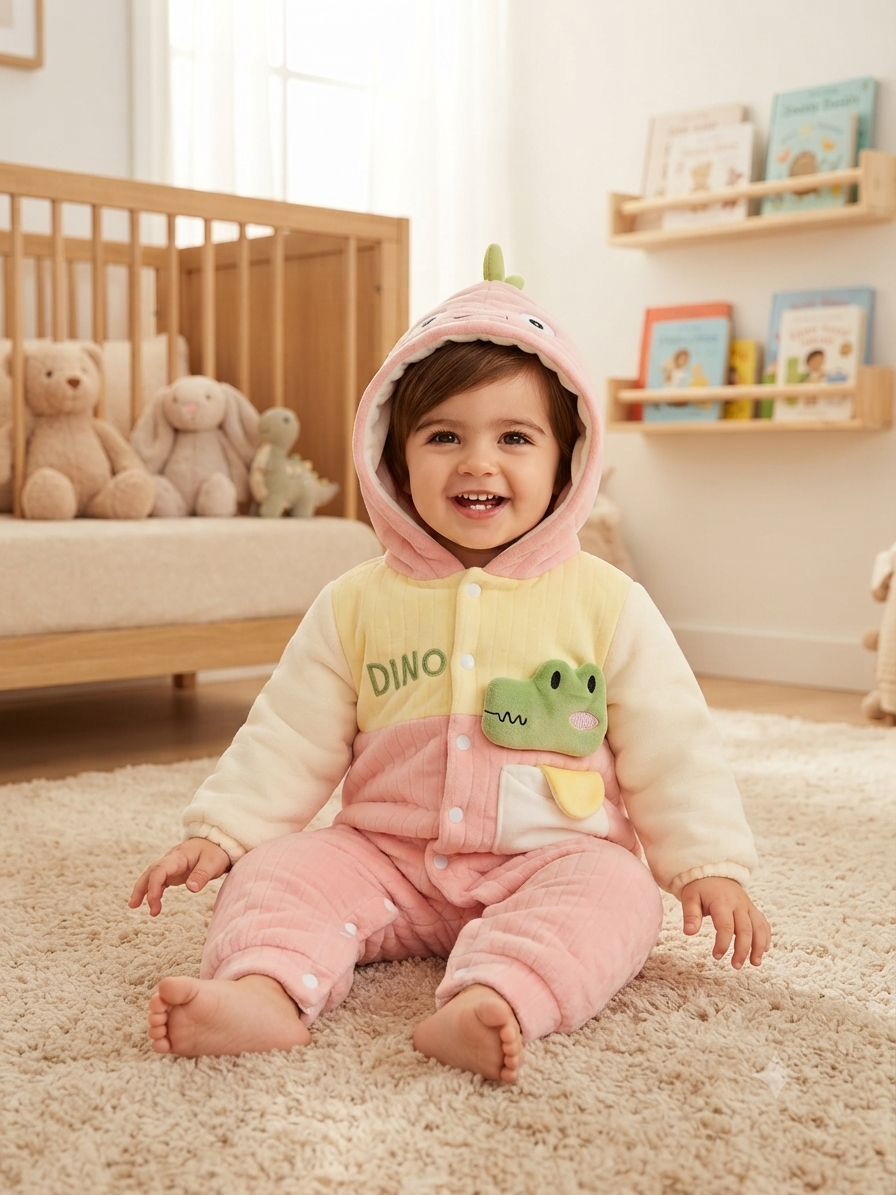 Cute Yellow Dinosaur Hooded Baby Romper Warm Fleece Winter Jumpsuit For Toddler Boys And Girls