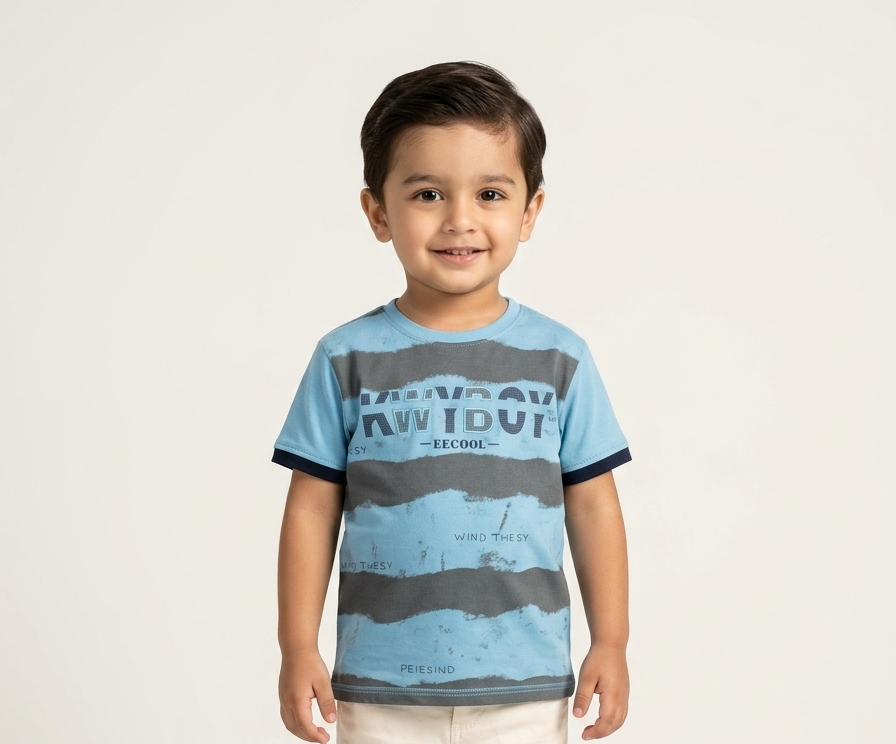 Boys’ Casual Sky Blue and Grey Striped Cotton T-Shirt with Sporty Graphic Print Design