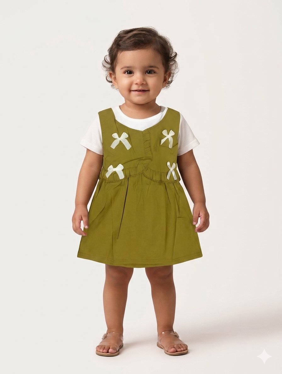 Toddler Girls Charming Sleeveless Ruffle Bow Dress with Layered White Inner Tee Three Color Pack