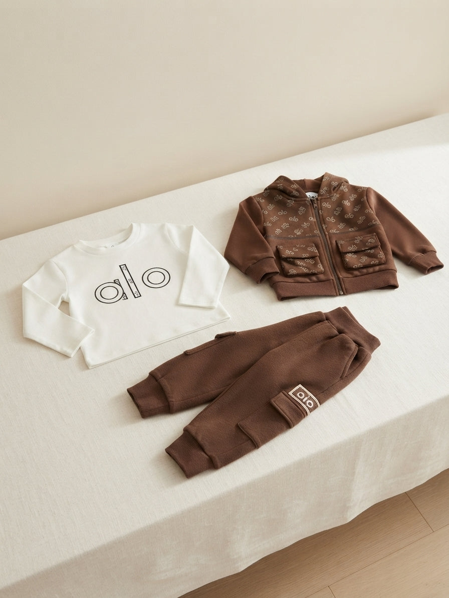 Stylish Brown And White Kids 3-Piece Tracksuit Set With Logo Printed Long Sleeve Shirt