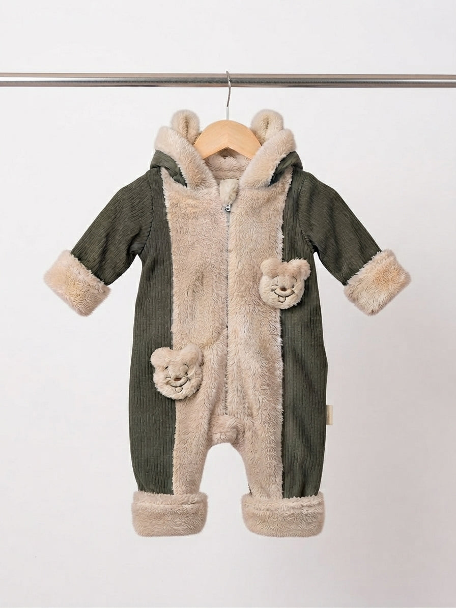 Baby Hooded Sherpa Panel Romper With Cute Bear Pockets And Zipper