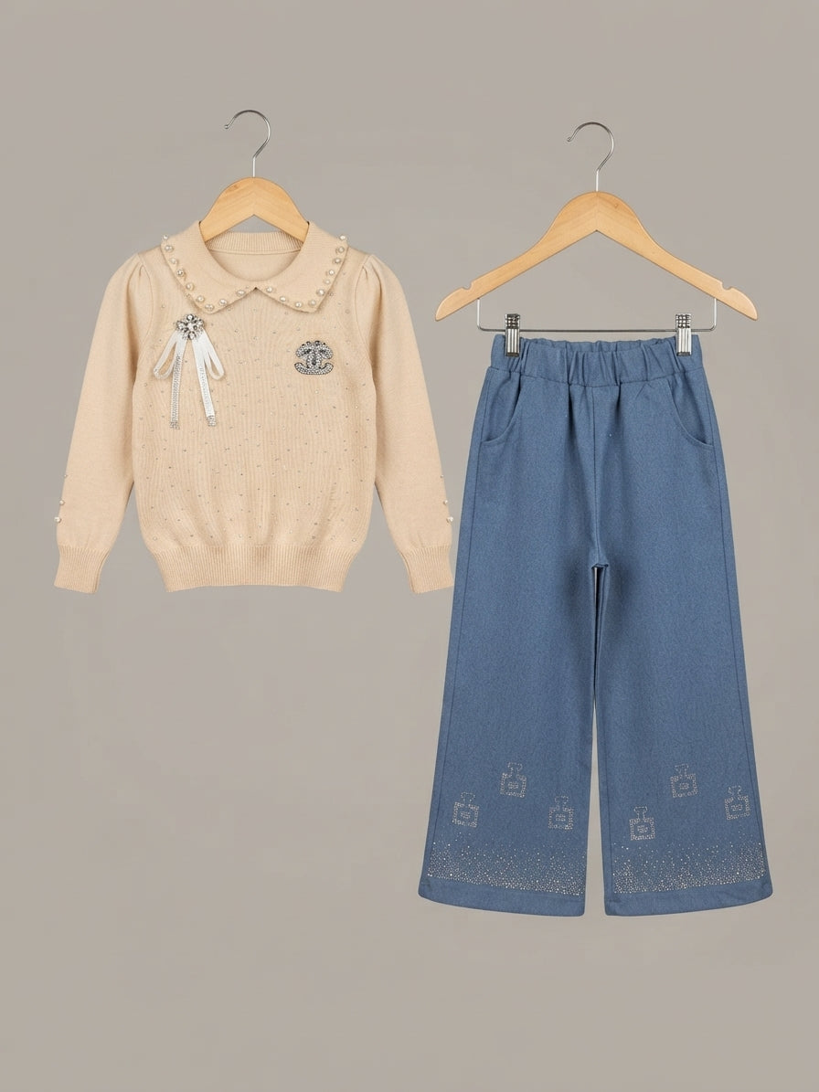 Stylish Kids Two Piece Outfit Set With Beaded Collar Knitted Sweater And Pent