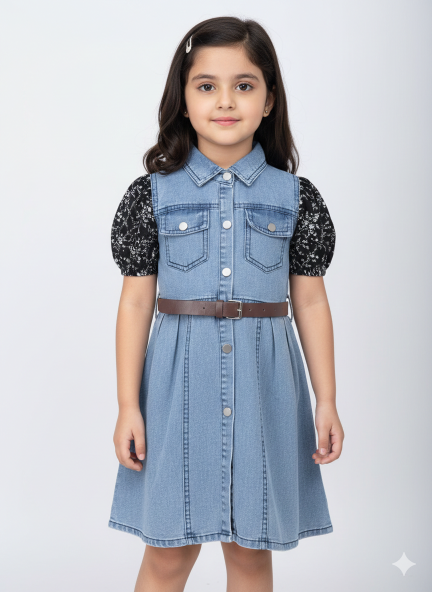 Girls Stylish Denim Button Down Dress Featuring Floral Puff Sleeves And A Brown Waist Belt