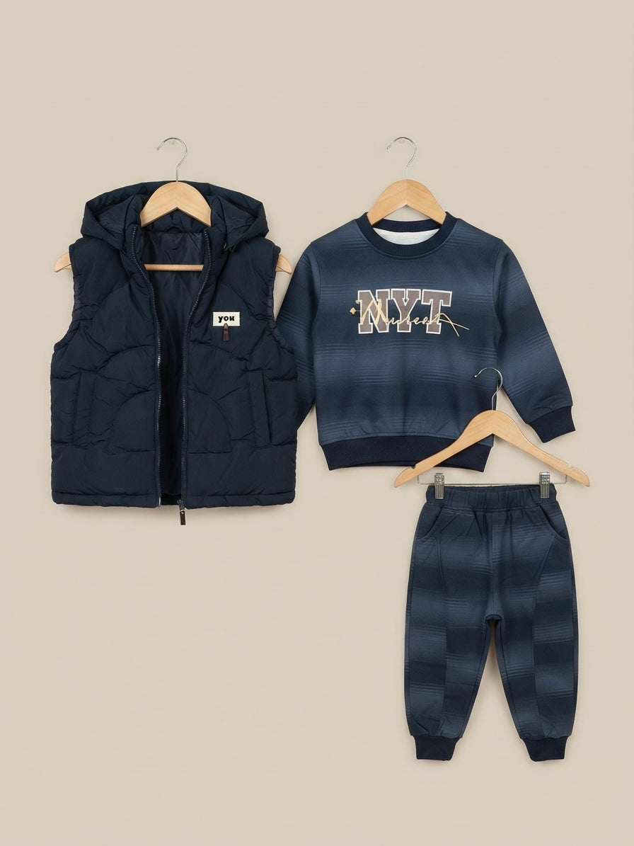 Kids Stylish 3-Piece Winter Outfit Set Featuring Puffer Hooded Vest Sweatshirt And Jogger Pants